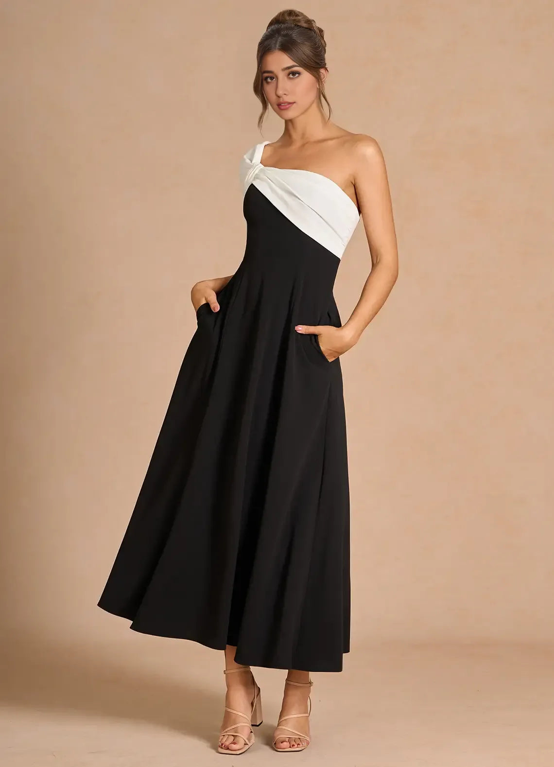 Robe Weitese asymétrique élégante, longueur thé, robe de bal, sans manches, dos nu, noire et blanche, robe de soirée trapèze